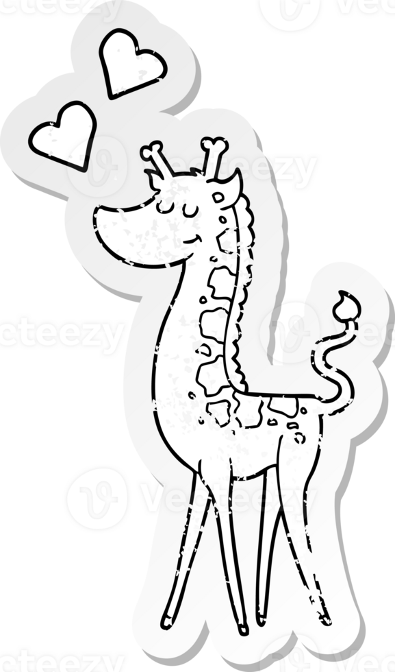 distressed sticker of a cartoon giraffe with love heart png