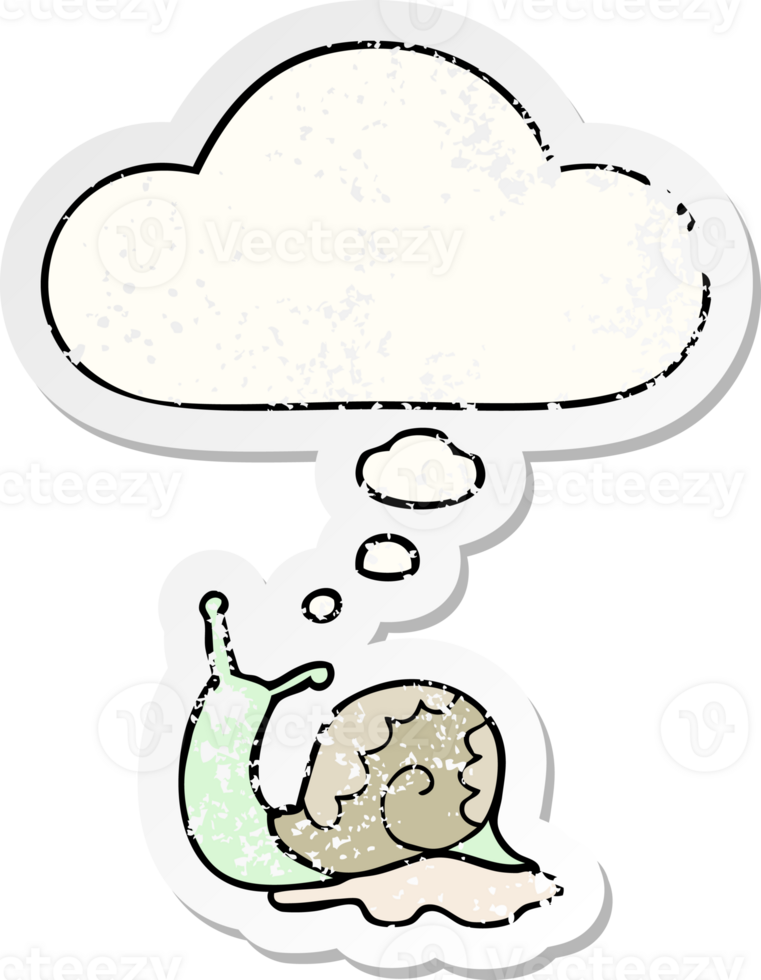 cartoon snail and thought bubble as a distressed worn sticker png