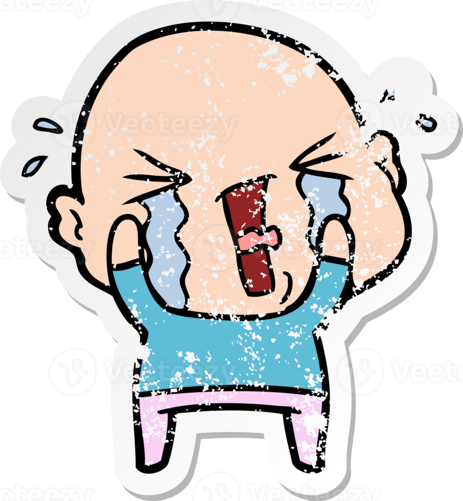distressed sticker of a cartoon crying bald man png
