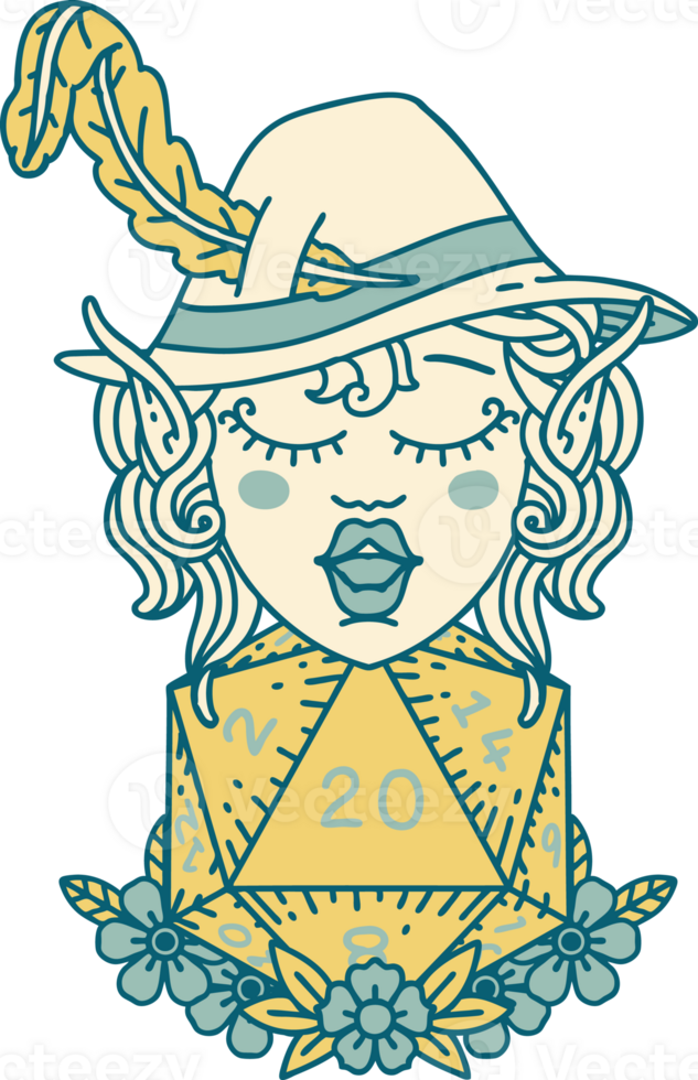 elf bard character with natural twenty dice roll illustration png