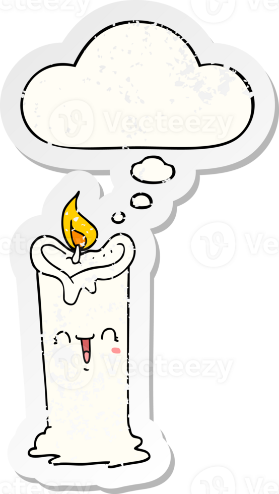 cartoon happy candle and thought bubble as a distressed worn sticker png