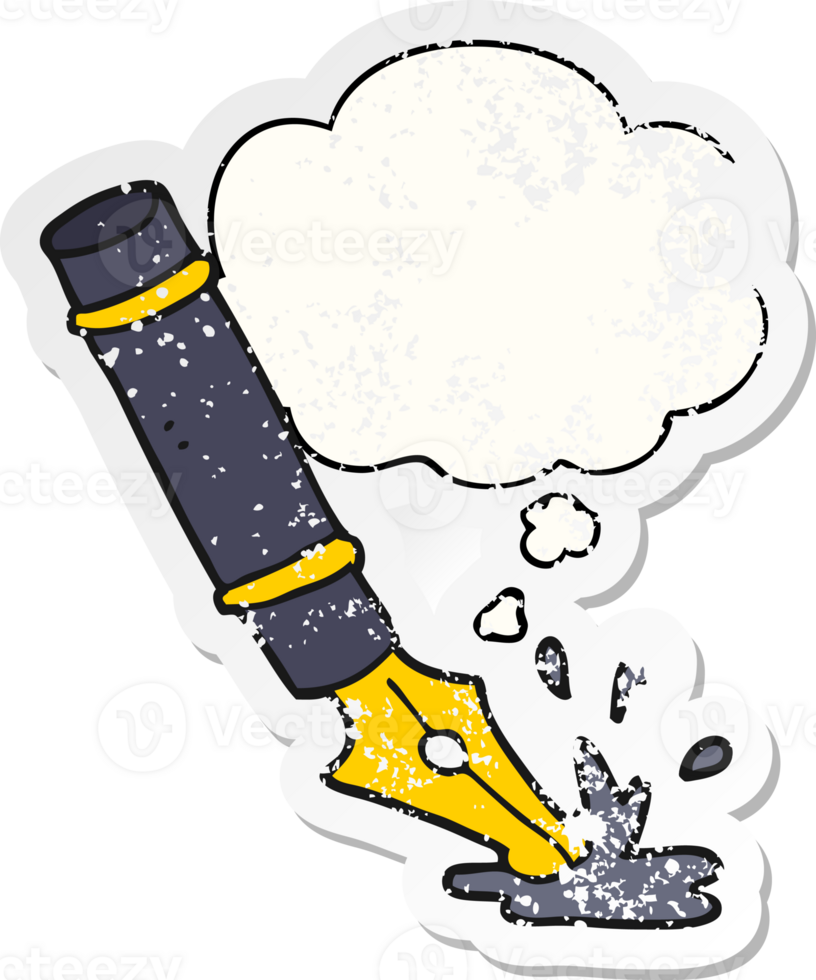 cartoon fountain pen and thought bubble as a distressed worn sticker png