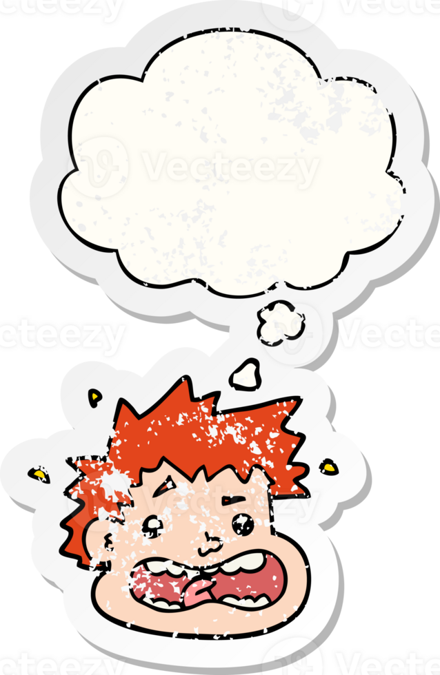 cartoon frightened face and thought bubble as a distressed worn sticker png