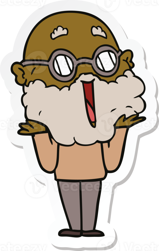 sticker of a cartoon joyful man with beard shrugging png