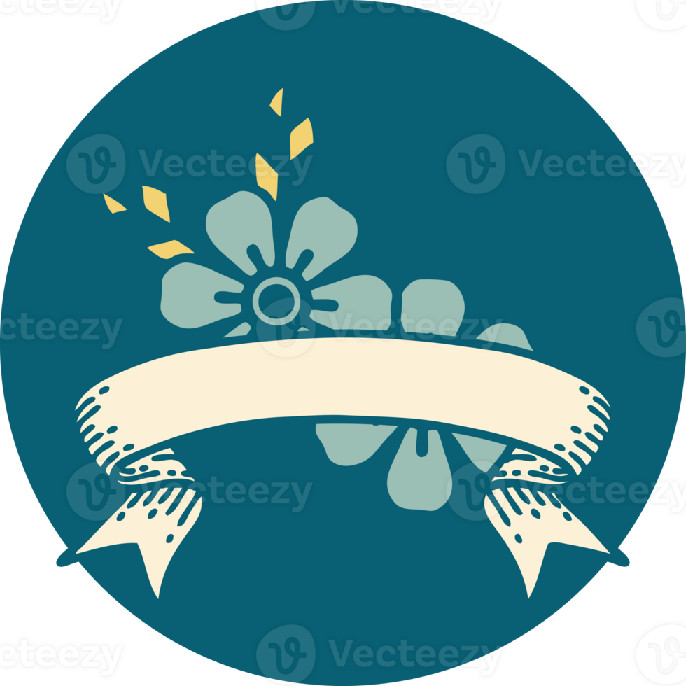tattoo style icon with banner of flowers png
