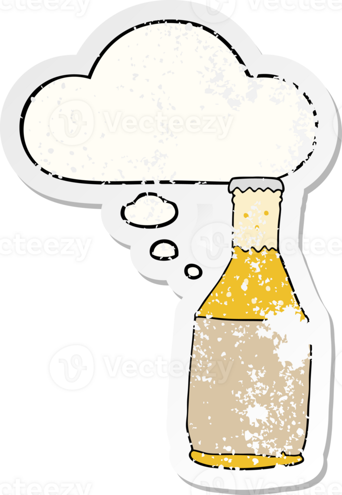 cartoon beer bottle with thought bubble as a distressed worn sticker png