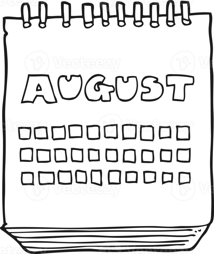 hand drawn black and white cartoon calendar showing month of august png