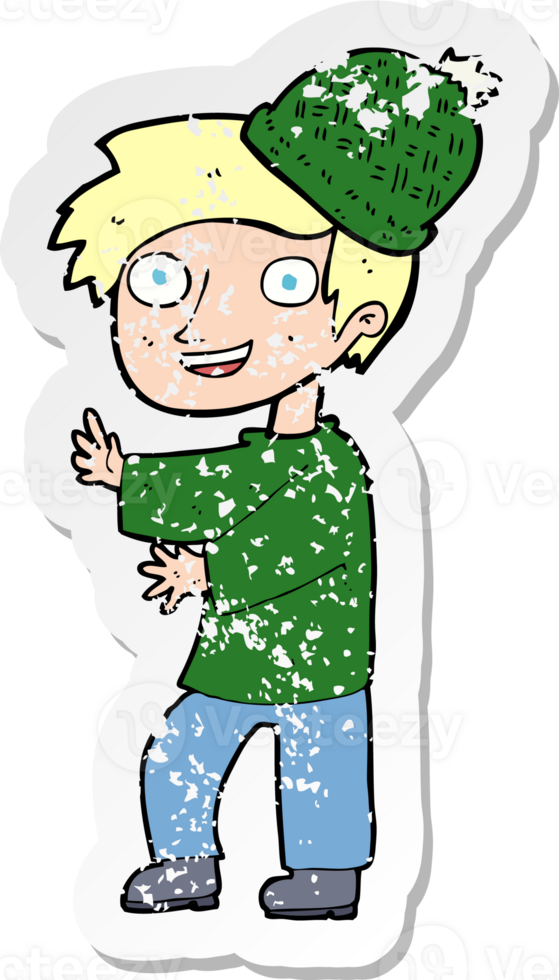 retro distressed sticker of a cartoon man wearing winter hat png