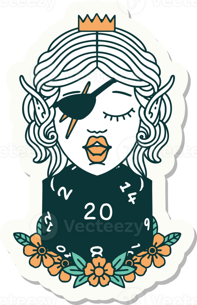 sticker of a elf rogue character with natural twenty dice roll png