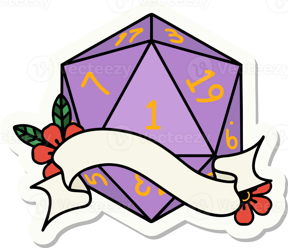 sticker of a natural one d20 dice roll png
