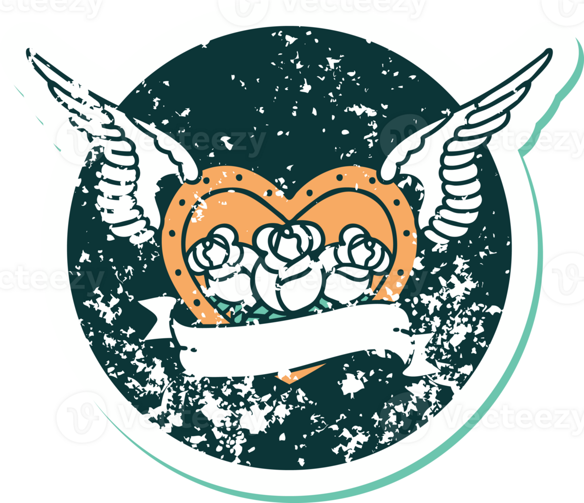 iconic distressed sticker tattoo style image of a flying heart with flowers and banner png