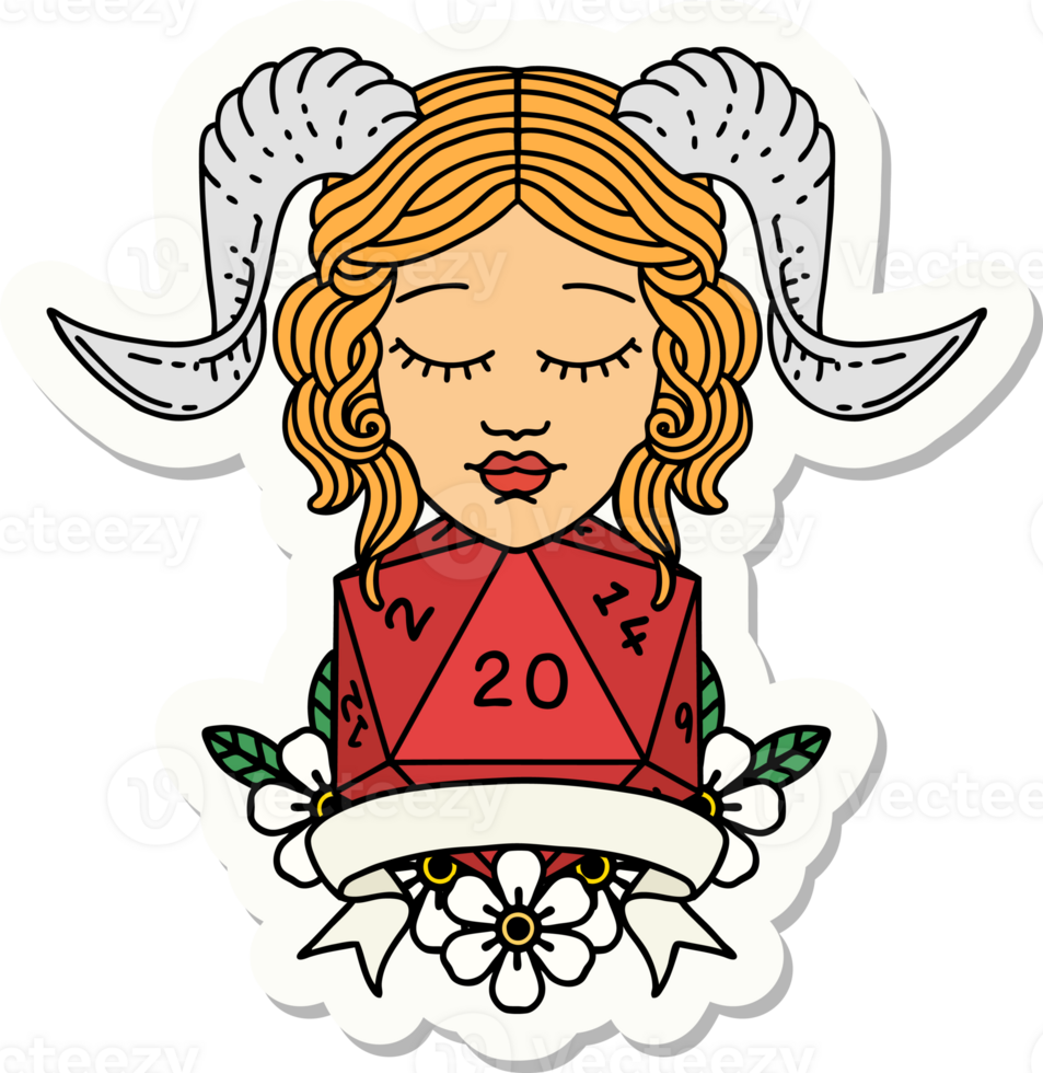 sticker of a tiefling with natural twenty dice roll png