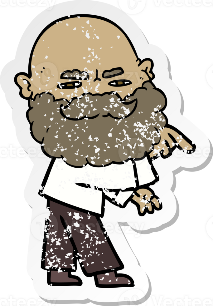 distressed sticker of a cartoon man with beard frowning and pointing png