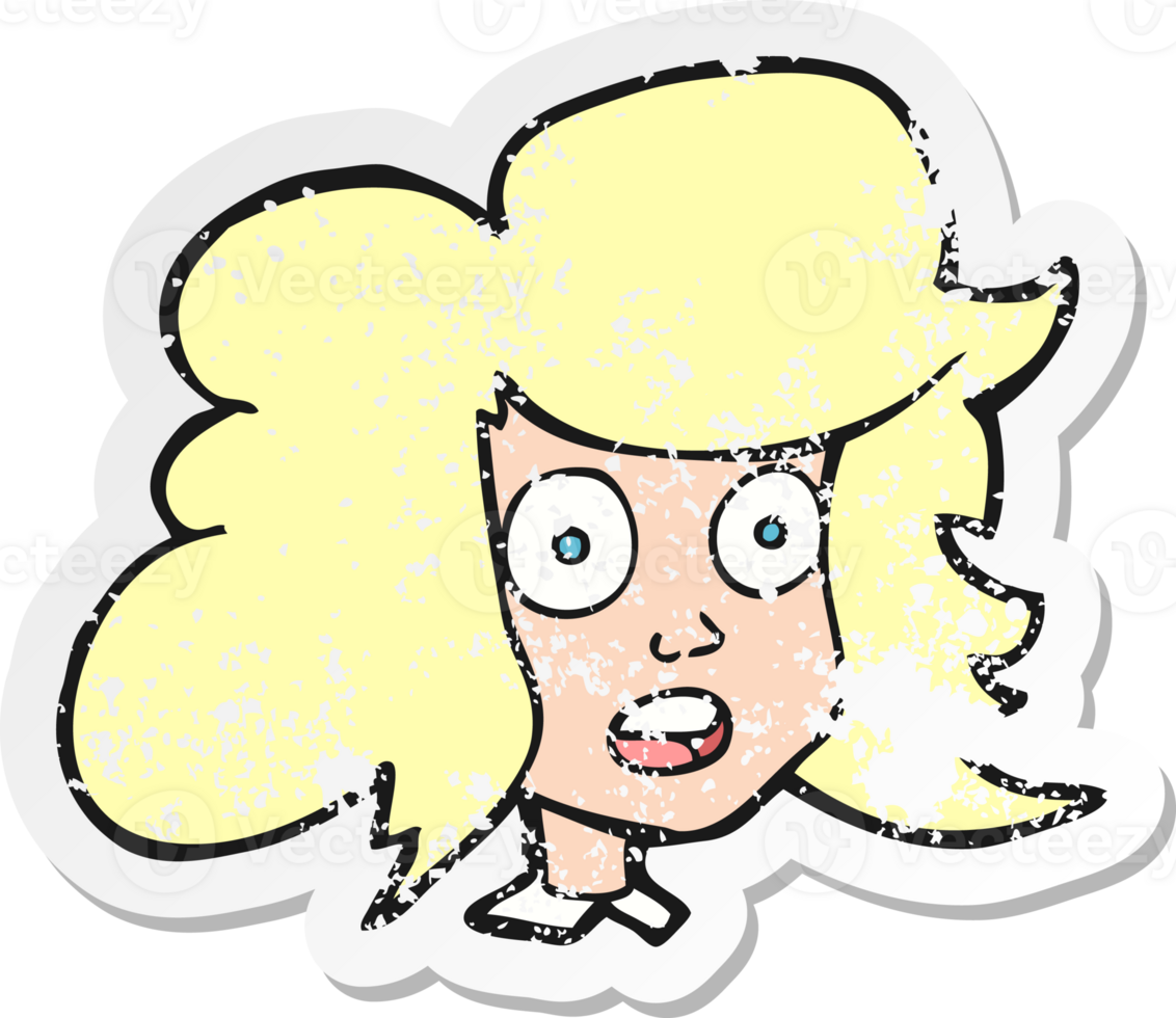 retro distressed sticker of a cartoon surprised female face png