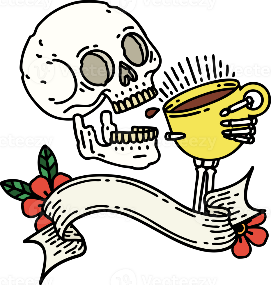 traditional tattoo with banner of a skull drinking coffee png