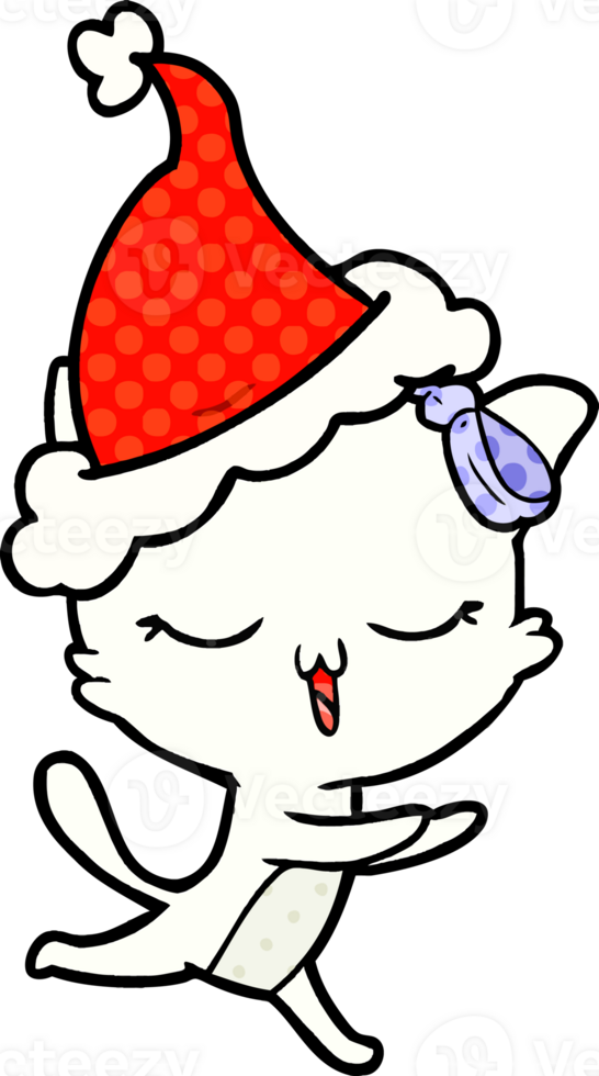 hand drawn comic book style illustration of a cat with bow on head wearing santa hat png