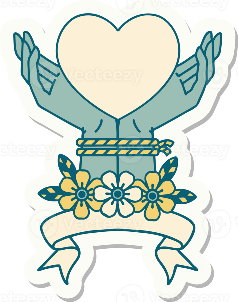 tattoo style sticker with banner of tied hands and a heart png