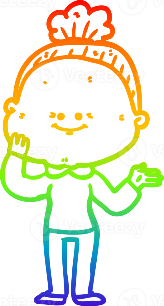 rainbow gradient line drawing of a cartoon happy old woman png