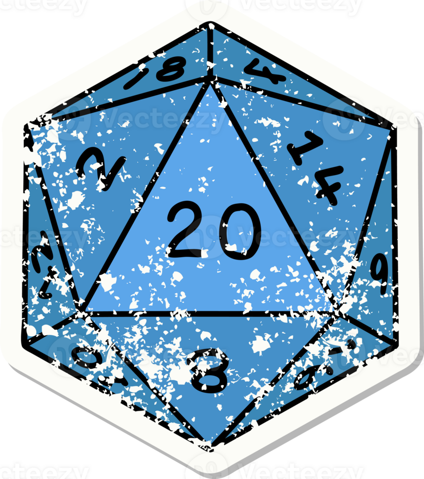 grunge sticker of a natural 20 D20 dice roll png