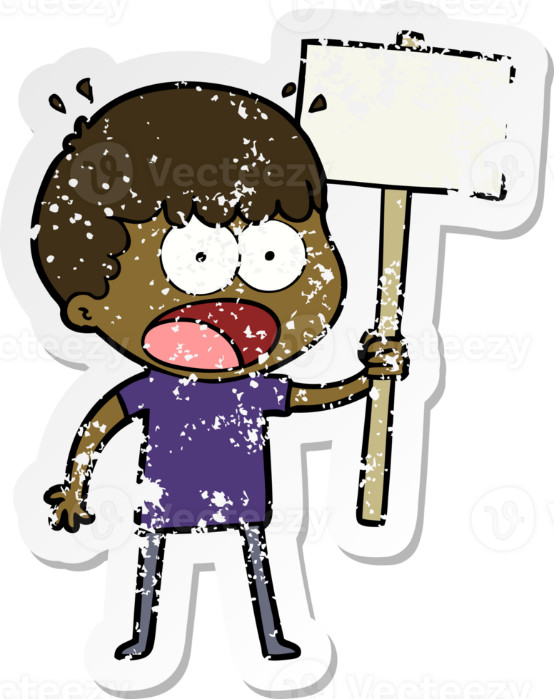 distressed sticker of a cartoon shocked man with placard png