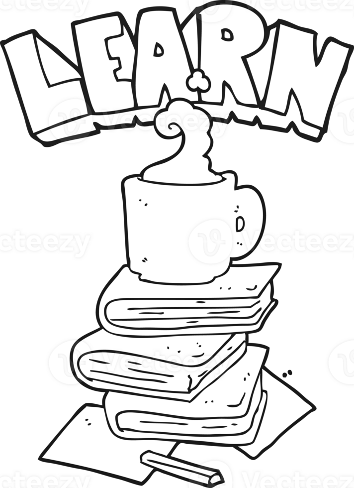 hand drawn black and white cartoon books and coffee cup under Learn symbol png