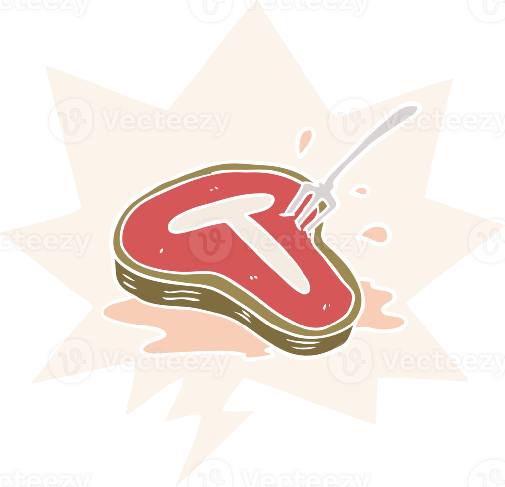 cartoon cooked steak and fork with speech bubble in retro style png