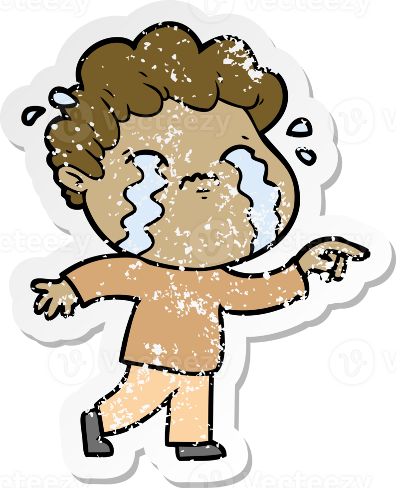 distressed sticker of a cartoon man crying png