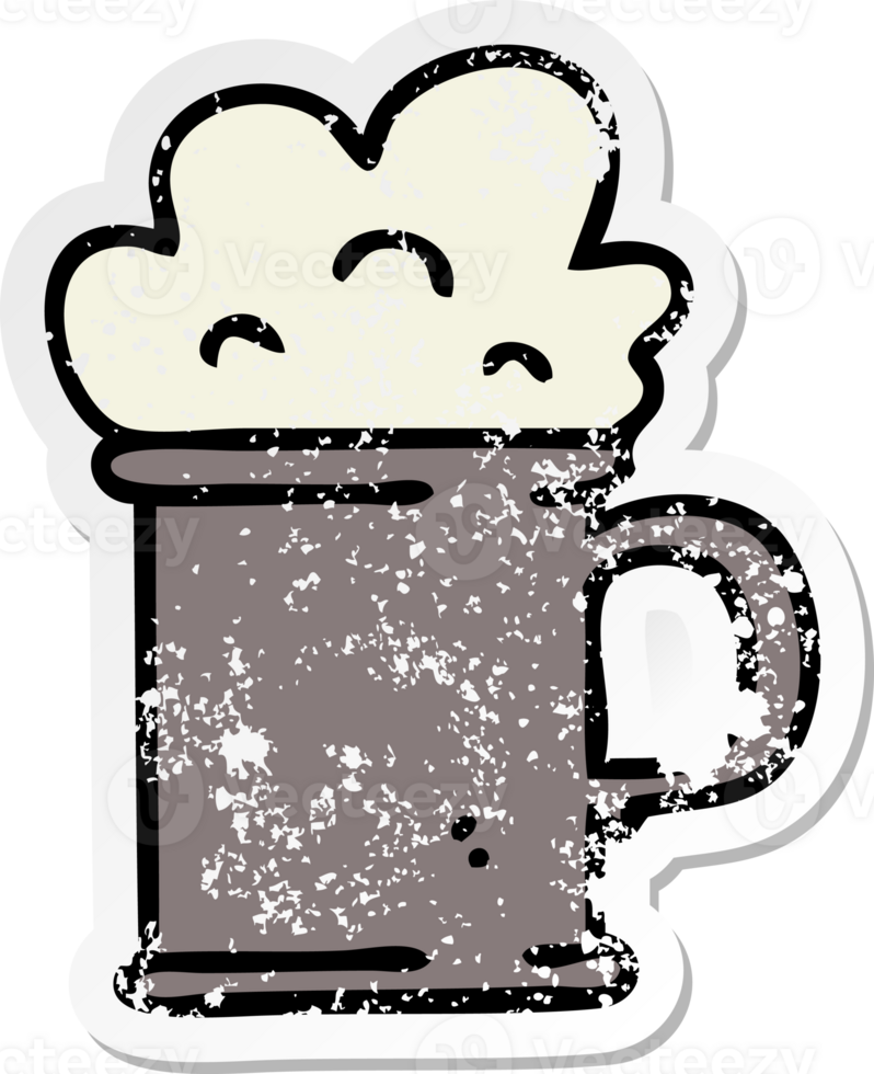 distressed sticker of a quirky hand drawn cartoon tankard of beer png