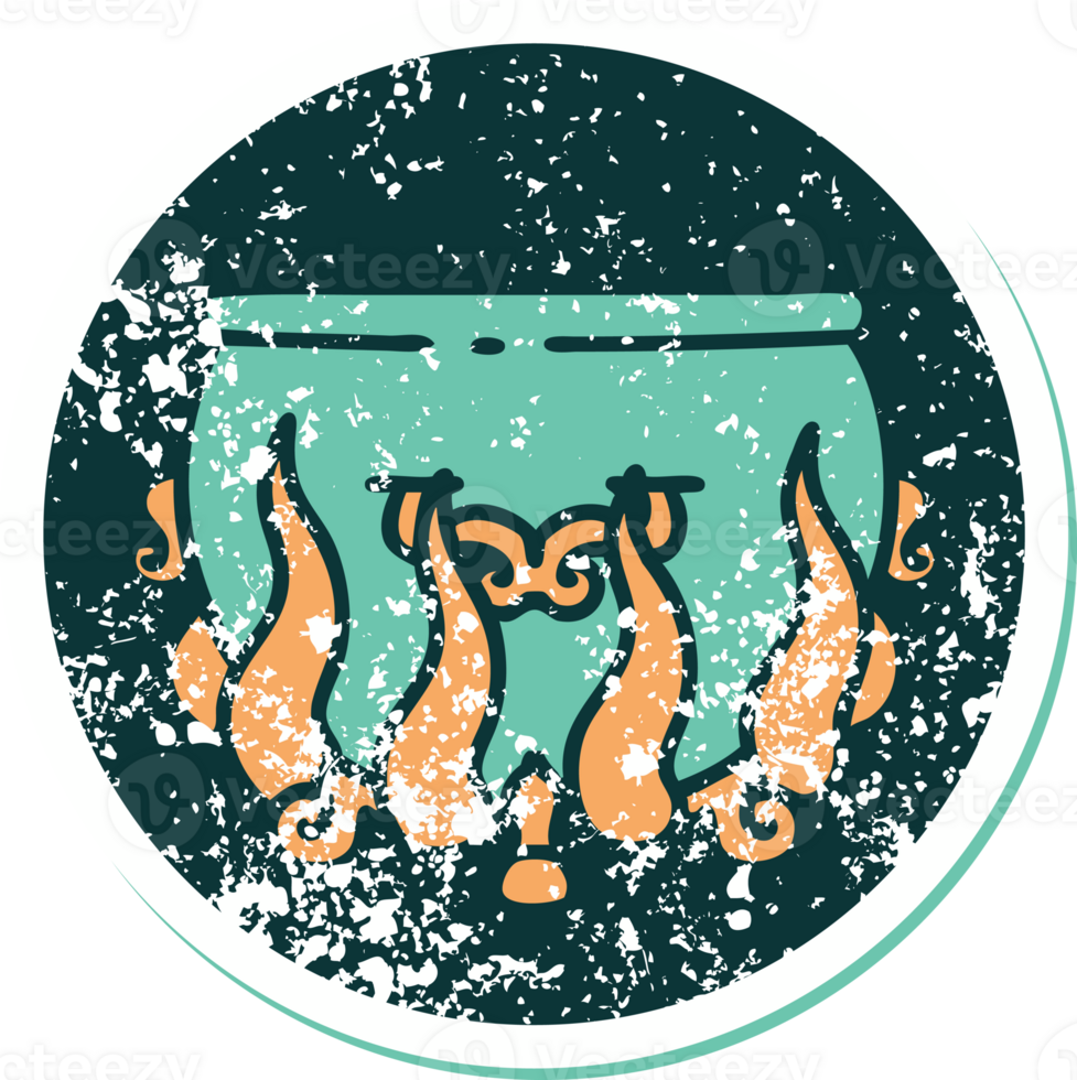 iconic distressed sticker tattoo style image of a lit cauldron png