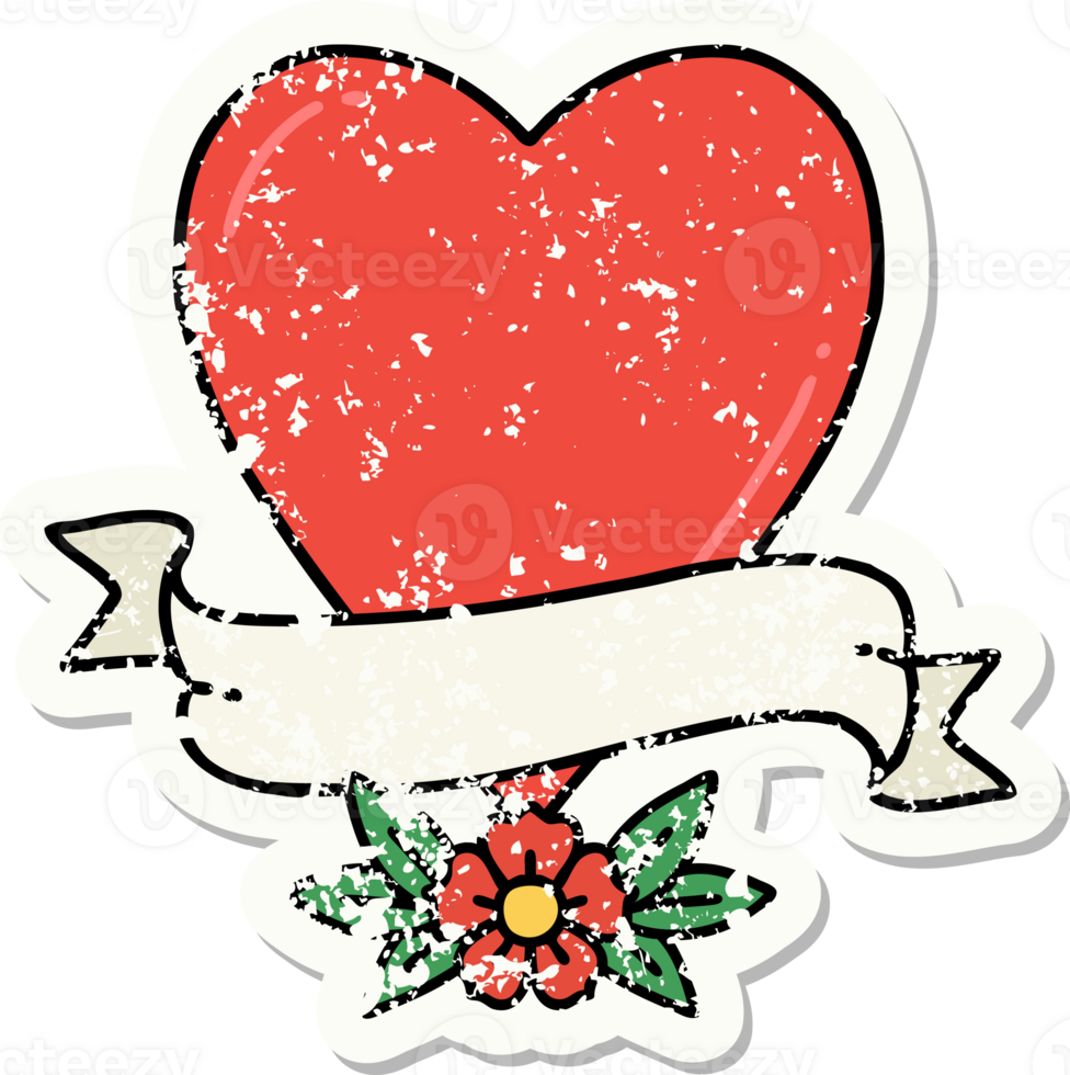 distressed sticker tattoo in traditional style of a heart and banner png