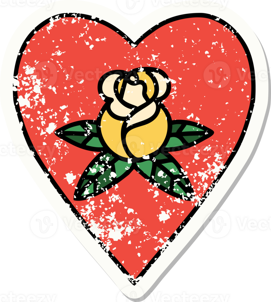 distressed sticker tattoo in traditional style of a heart and flowers png