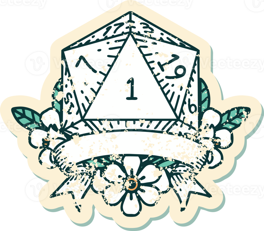 Retro Tattoo Style natural one d20 dice roll png