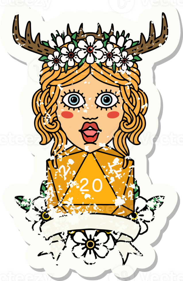 Retro Tattoo Style human druid with natural 20 dice roll png