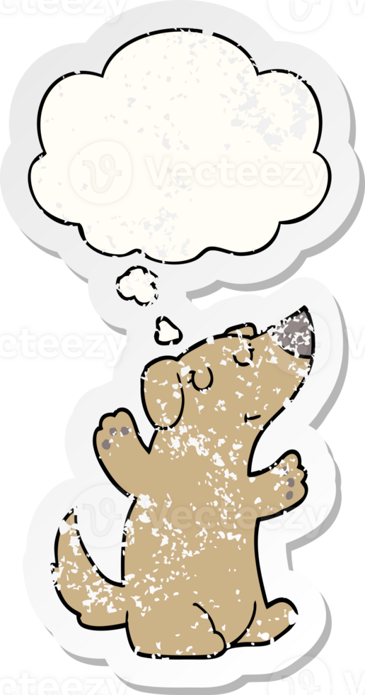 cartoon dog with thought bubble as a distressed worn sticker png