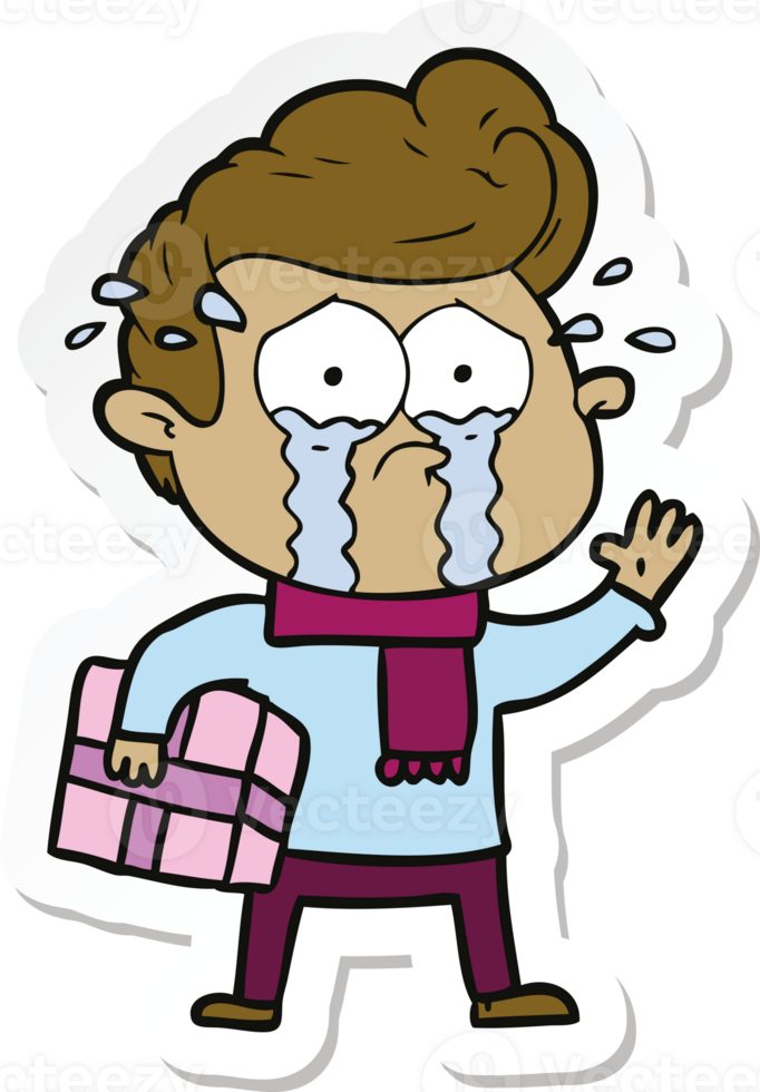 sticker of a cartoon crying man with present png