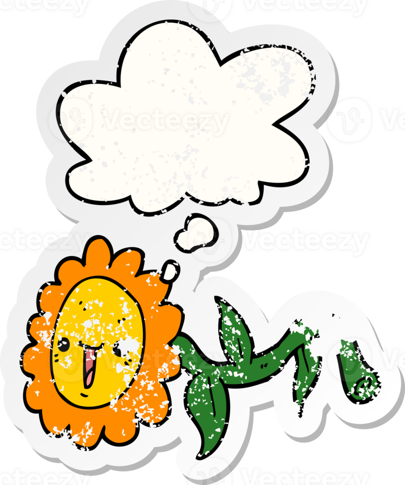 cartoon flower with thought bubble as a distressed worn sticker png