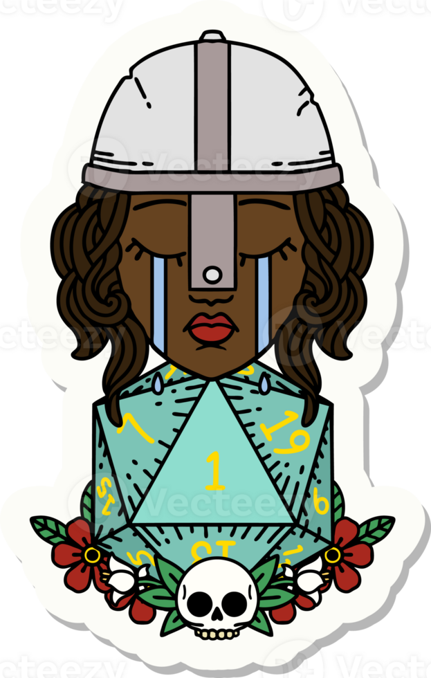 sticker of a crying human fighter with natural one D20 roll png