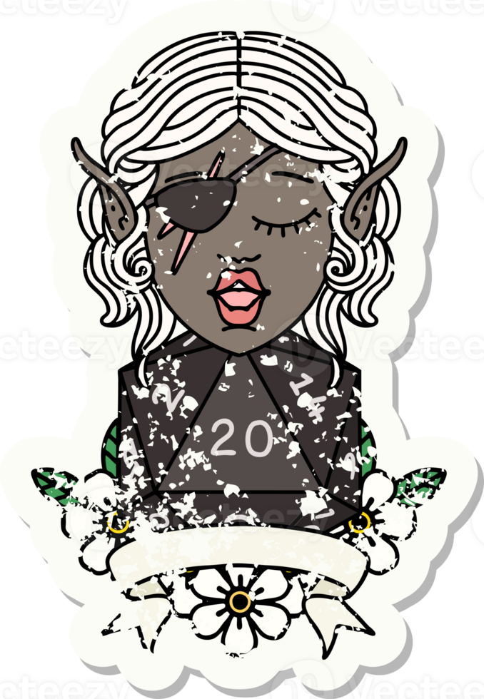 Retro Tattoo Style elf rogue character with natural twenty dice roll png