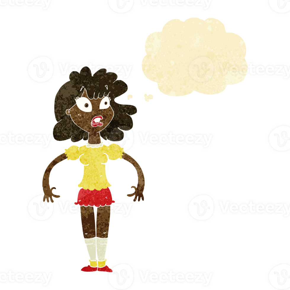 cartoon pretty girl with shocked expression with thought bubble png