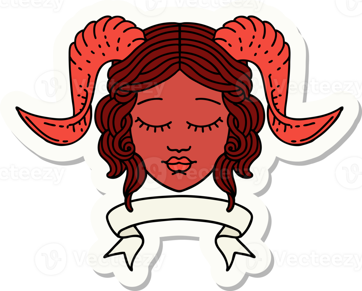 sticker of a tiefling character face with scroll banner png