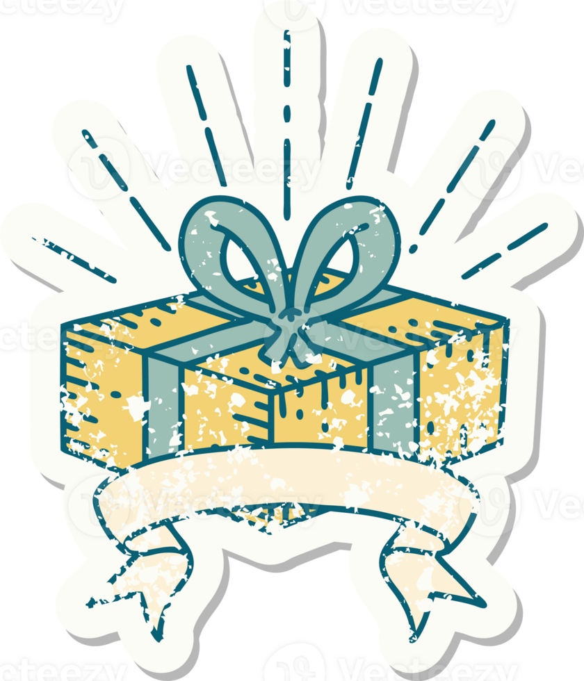 worn old sticker of a tattoo style christmas present png