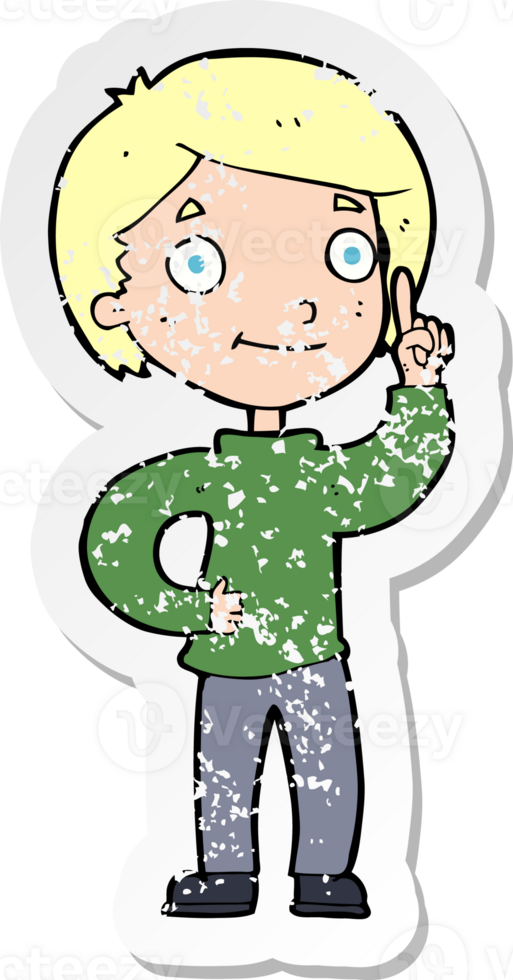 retro distressed sticker of a cartoon boy with idea png