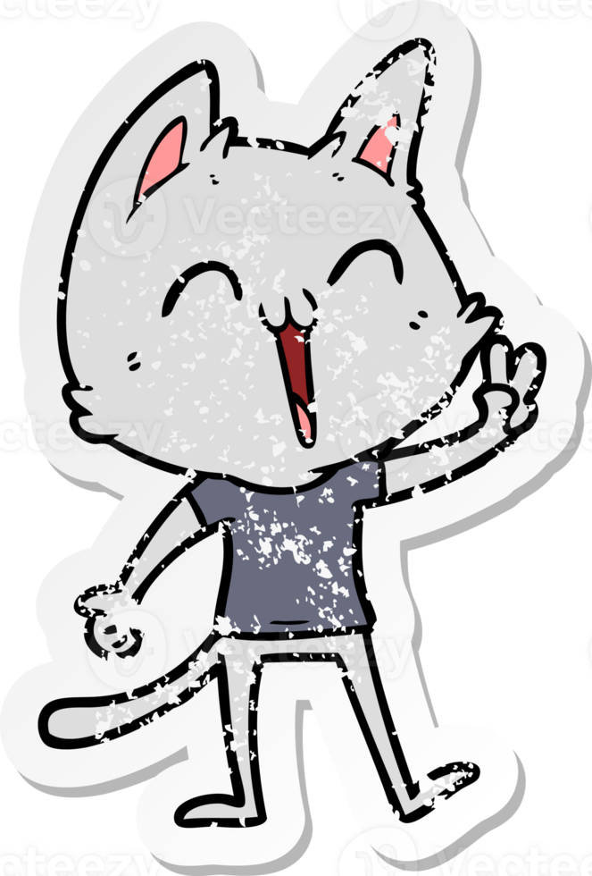 distressed sticker of a happy cartoon cat meowing png