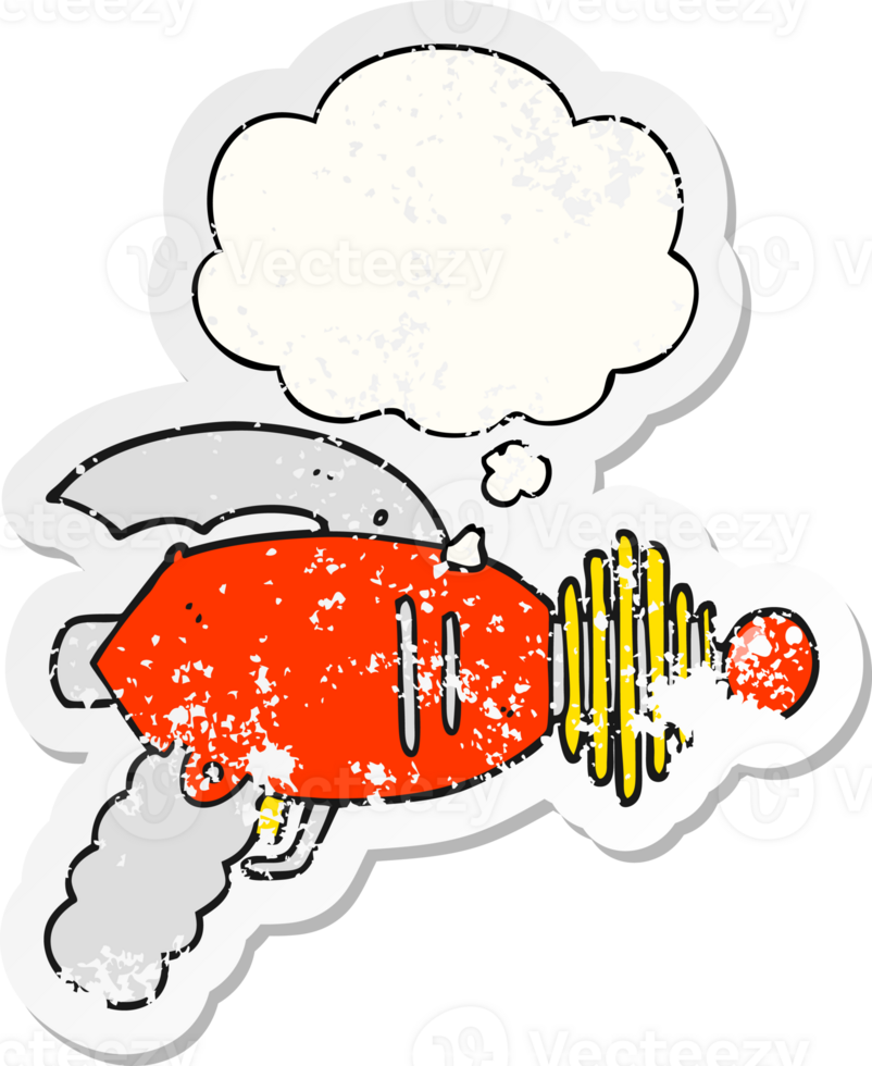 cartoon ray gun with thought bubble as a distressed worn sticker png