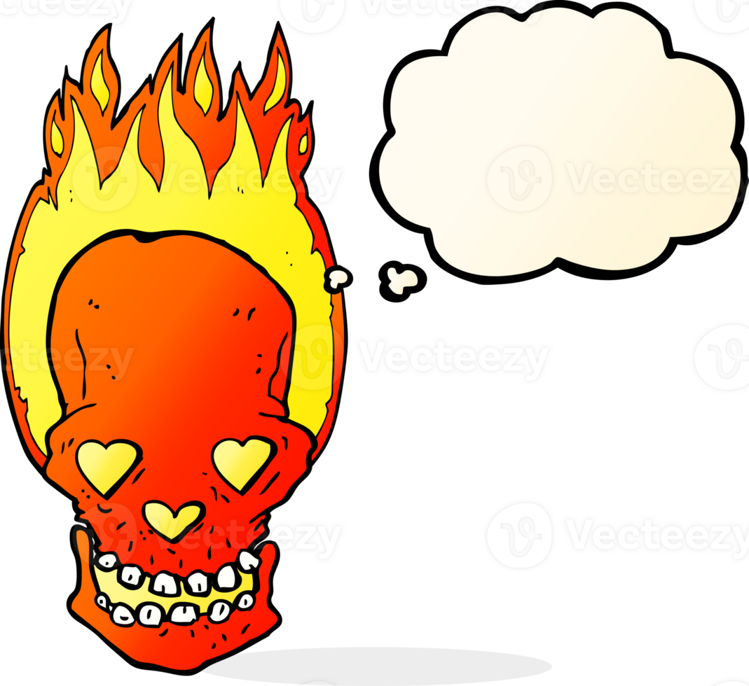 cartoon flaming skull with love heart eyes with thought bubble png