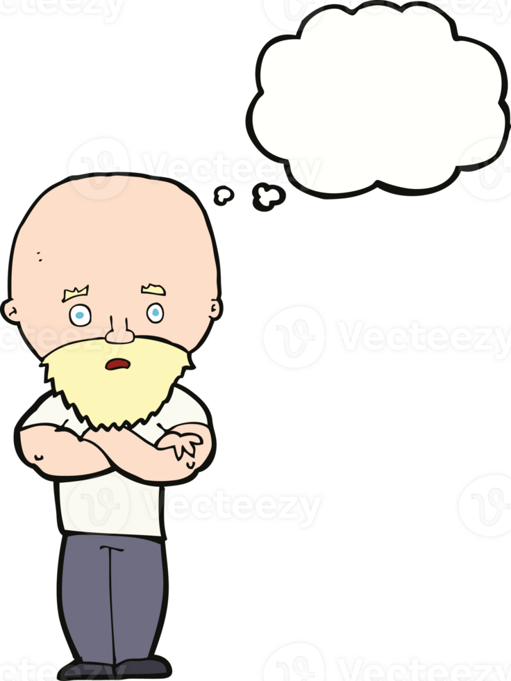 cartoon shocked bald man with beard with thought bubble png