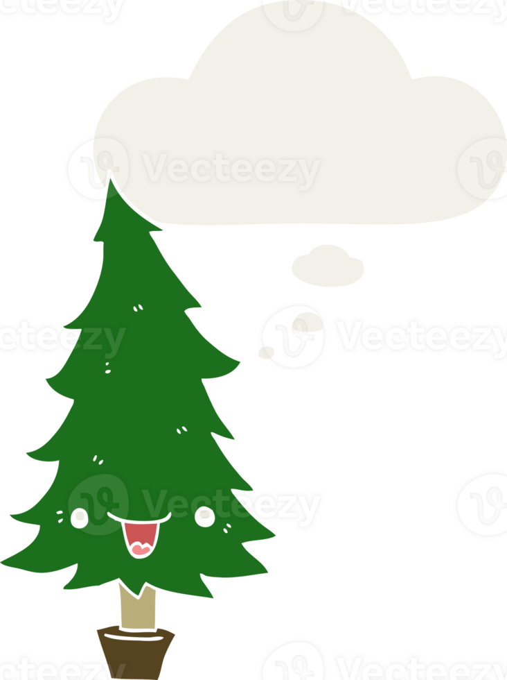 cute cartoon christmas tree with thought bubble in retro style png