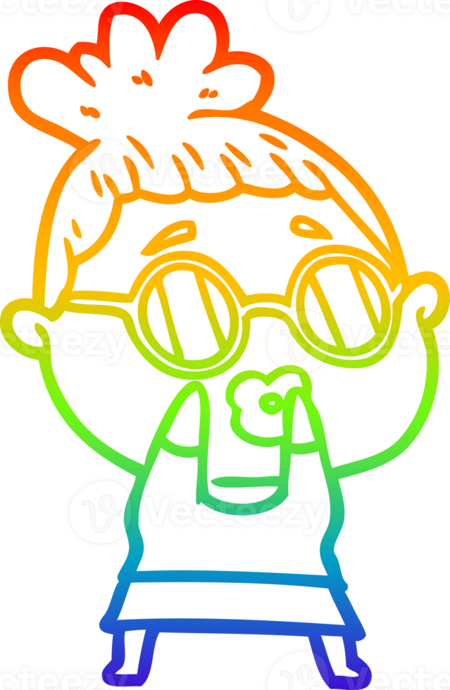 rainbow gradient line drawing of a cartoon woman wearing spectacles png