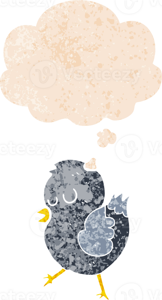 cartoon bird with thought bubble in grunge distressed retro textured style png