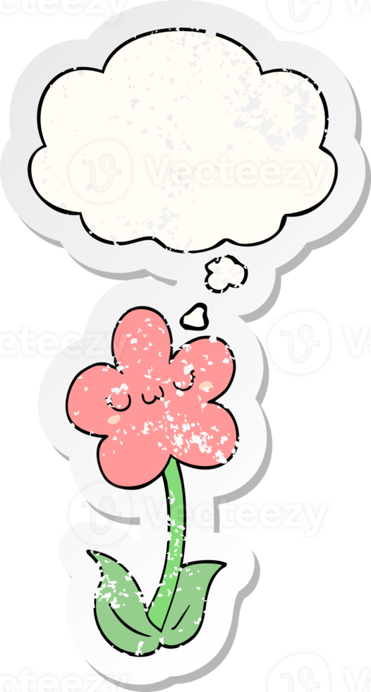 cartoon flower with thought bubble as a distressed worn sticker png